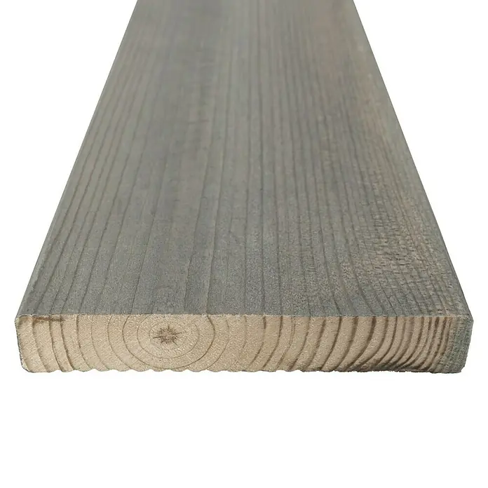 Tarima para terraza - Pino, 300 x 12 x 2,1 cm, Gris - Primer plano de una tabla de madera gris que resalta la textura y las vetas. Ideal para proyectos de construcción, diseño y bricolaje.
