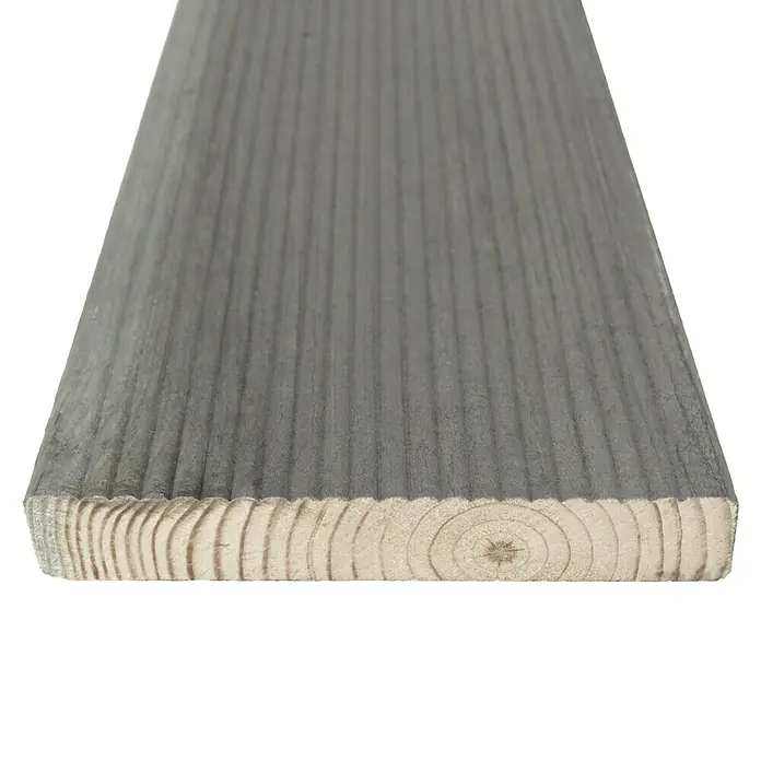 Tarima para terraza - Pino, 300 x 12 x 2,1 cm, Gris - Tablero de madera machihembrada con acabado gris y vetas visibles. Ideal para la construcción de vallas y paneles de pared.
