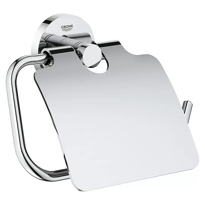 Grohe Essentials Toilettenpapierhalter - Mit Deckel, Chrom, Glänzend - Verchromter Toilettenpapierhalter mit rechteckiger Abdeckplatte und sichtbarem GROHE-Logo.