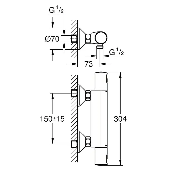 Grohe Grifo con termostato Precision Start - Ancho: 8 cm, Cromo, Resplandeciente - Dibujo técnico de un accesorio que muestra medidas y conexiones para instalaciones sanitarias.
