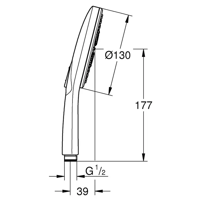 Grohe Rainshower SmartActive Handbrause 130 - Anzahl Funktionen: 3 Stk., Durchmesser: 13 cm, Chrom - Technische Zeichnung eines Duschkopfes mit Maßangaben. Der Duschkopf ist schlank und modern gestaltet, mit detaillierten Bemaßungen.