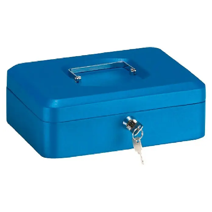 Arregui Caja de caudales C-9235 - L x An x Al: 25 x 18 x 9 cm, Asa abatible, Azul - Una caja de caudales azul con asa plateada y una llave en la cerradura. Perfecto para guardar de forma segura efectivo y objetos de valor.