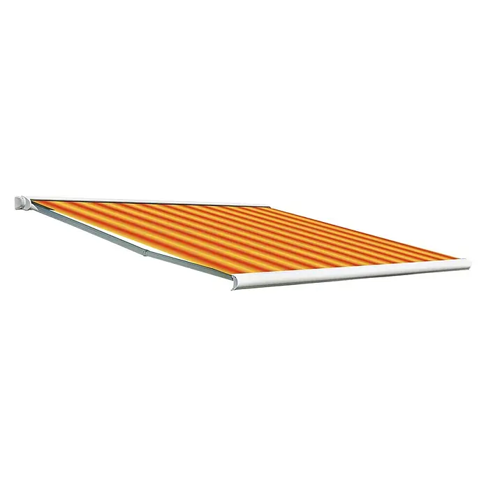 Deyo Limassol Vollkassettenmarkise - Orange/Gelb, Farbe Gestell: Signalweiß, Breite: 4 m, Ausfall: 3,5 m - Markise mit orangenen Streifen, perfekt für den Sonnenschutz im Freien. Genießen Sie stilvollen Schatten.