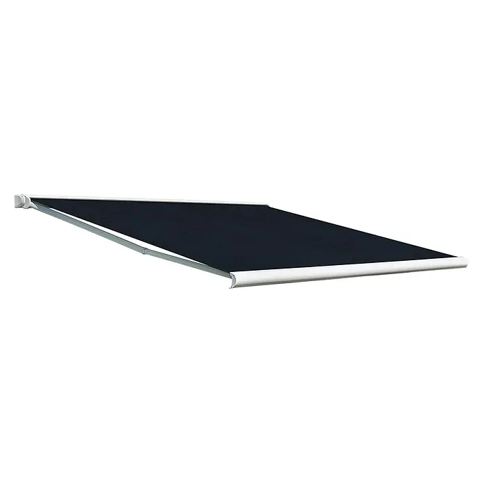 Deyo Limassol Vollkassettenmarkise - Dunkelgrau, Farbe Gestell: Signalweiß, Breite: 3,5 m, Ausfall: 3 m - Bild einer ausfahrbaren Markise. Das Produkt besteht aus einem grauen Gestell und einem schwarzen Stoff, der Schatten spendet.