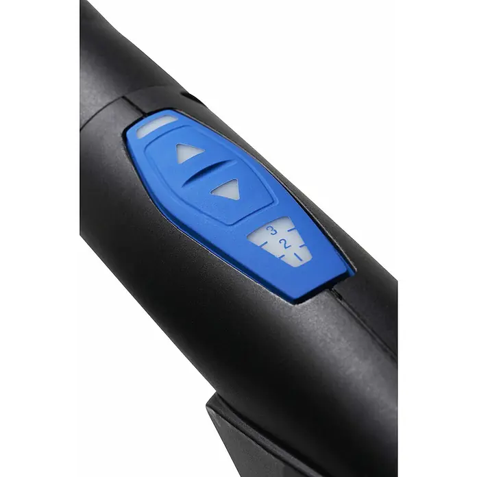 Nilfisk Hidrolimpiadora de alta presión CORE 140IH PCC - 140 bar, 1.800 W, Capacidad de bombeo: 474 l/h - Primer plano de una lima de manicura negra con control de velocidad azul con niveles del 1 al 3, utilizado para ajustar la intensidad de molienda.