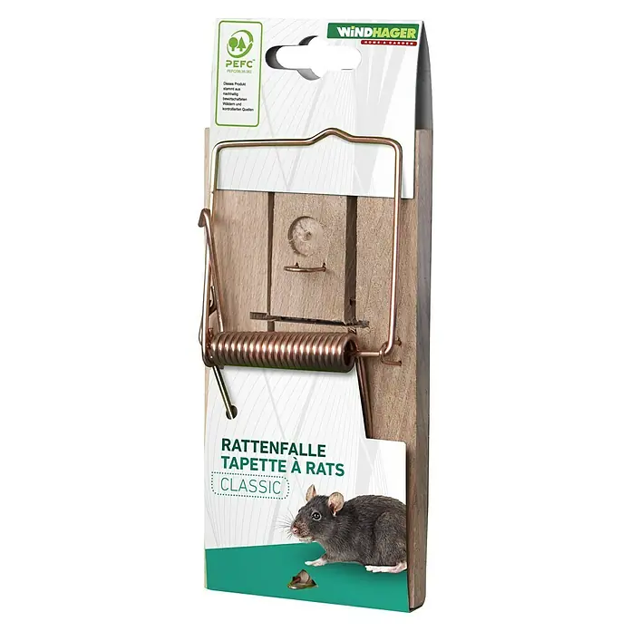 Windhager Rattenfalle Classic Wood - Schlagfalle, Eisendraht - Eine klassische Rattenfalle der Marke Windhager Home & Garden. Zu sehen sind das Holzbrett, der Fangbügel und die grüne Verpackung.