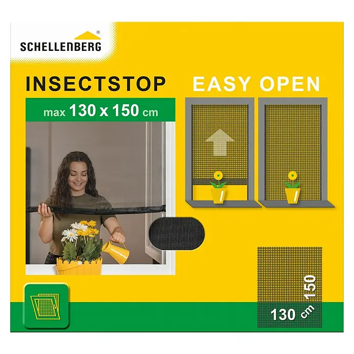 Schellenberg Mosquitera Easy Open - An x Al: 130 x 150 cm, Montaje de la mosquitera: Enganche, Color bastidor: Antracita - Imagen del producto de la ventana mosquitera Schellenberg con dimensiones máx. 130 x 150 cm, fácil instalación y apertura.