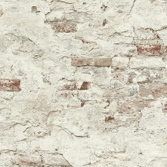 Rasch Vliestapete Bruchstein - Rot/Beige/Weiß, Steinoptik, 10,05 x 0,53 m - Eine Nahaufnahme einer Ziegelwand mit abblätterndem weißen Putz, die die Textur und das rustikale Aussehen des Produkts hervorhebt.