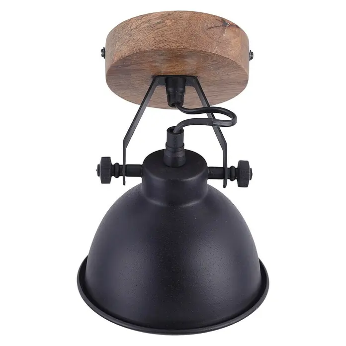 Just Light Samia Wandstrahler - 40 W, L x B x H: 22,5 x 15,5 x 15,5 cm, Schwarz, Braun, E14 - Eine industrielle Deckenleuchte mit Holzbasis und schwarzem Metallschirm, die ein rustikales Ambiente schafft.