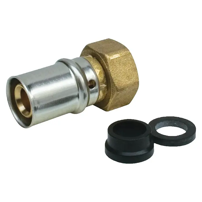 Press-Übergangsstück - Durchmesser: 20 mm, Innengewinde: ¾″ - Nahaufnahme eines Pressverbinders mit Überwurfmutter und dazugehörigen Dichtungen, ideal für Sanitär- und Heizungsinstallationen.