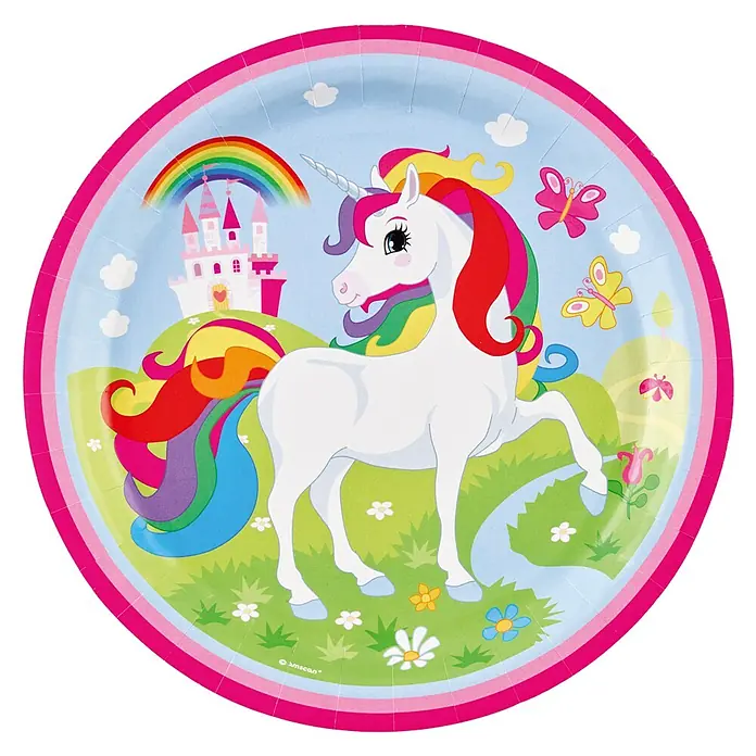 Einwegteller - Durchmesser: 23 cm, Naturmaterialien, Einhorn, 8 Stk. - Einhorn-Pappteller mit Schloss und Regenbogen, ideal für eine magische Party.