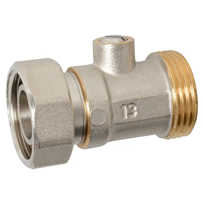 Kugelhahn - Innengewinde: ¾″, Außengewinde: ¾″ - Nahaufnahme eines glänzenden, silberfarbenen Heizkörperventils mit goldenen Akzenten, das für Sanitärinstallationen verwendet wird.