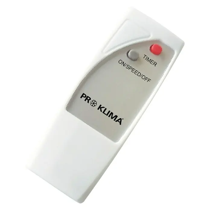 Voltomat Standventilator - Weiß, Durchmesser: 40 cm, Höhe: 121 cm - Nahaufnahme einer weißen Pro Klima Fernbedienung mit Timer- und Ein/Aus-Taste.
