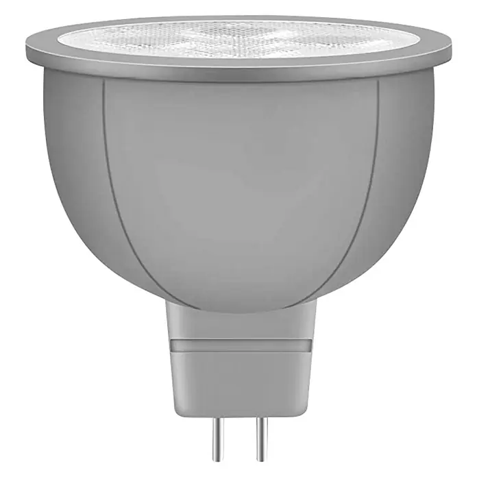 Neolux Bombilla LED MR16 - GU5,3, 230 lm - Primer plano de una lámpara LED MR16 con carcasa plateada y dos pines, ideal para iluminación de acento y soluciones de iluminación eficientes.