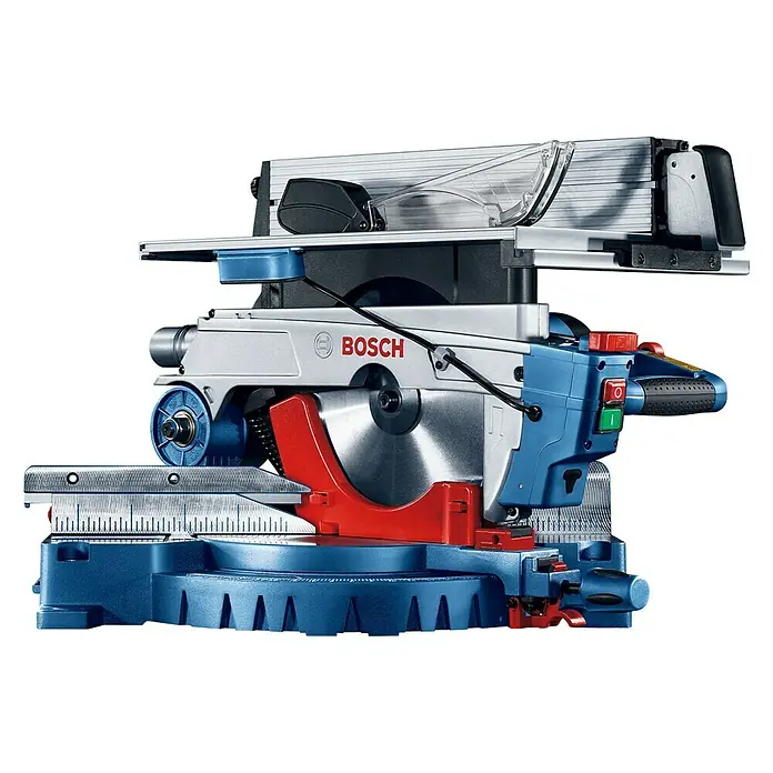 Bosch Professional Tischkreissäge GTM 12 JL - 1.800 W, Durchmesser Sägeblatt: 305 mm - Abbildung einer Bosch Kapp- und Gehrungssäge, ein Werkzeug zum präzisen Schneiden von Holz.