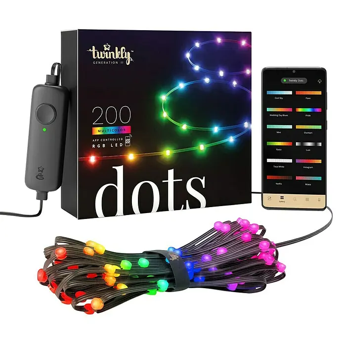 Twinkly Smart-LED-Band Dots - Länge: 10 m, RGB, 24 W, Schwarz - Intelligente Twinkly Dots Lichterkette mit 200 RGB LED-Punkten, App-Steuerung und Multicolor-Optionen für individuelle Lichteffekte im Innen- und Außenbereich.