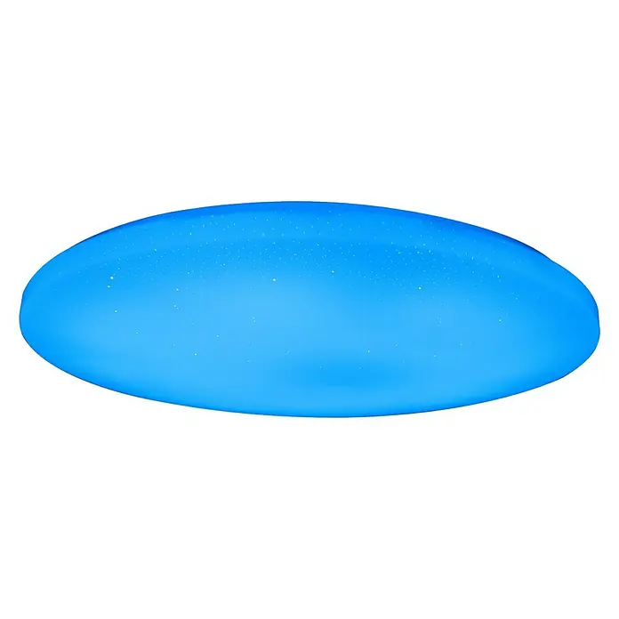Tween Light LED-Deckenleuchte rund Skyler Star RGBW - 80 W, Ø x H: 74 x 10 cm, Weiß, RGBW - Das Bild zeigt eine blaue, ovale Deckenleuchte mit einem glitzernden Effekt, der an einen Sternenhimmel erinnert. Perfekt für Kinderzimmer.