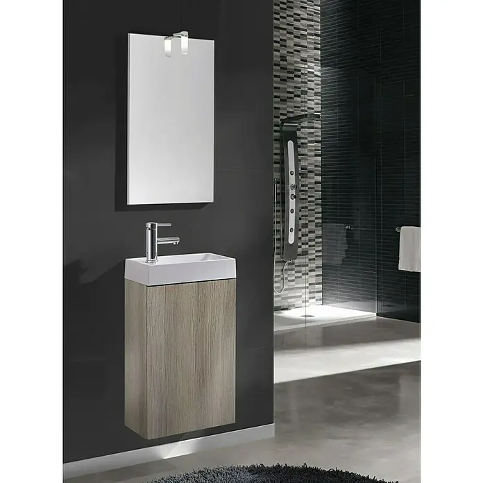 Riva Badmöbel-Set Young - 40 cm, Teak grau, Matt - Modernes Badezimmer-Waschbecken mit Spiegel und stilvollem Unterschrank in Holzoptik. Elegantes Design für das zeitgemäße Bad.