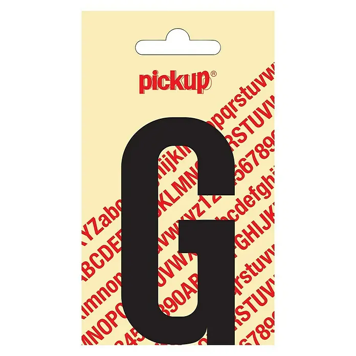 Pickup AufkleberMotiv: G, Schwarz, Höhe: 90 mm - Aufkleberbogen "G" von Pickup mit dem Buchstaben "G" in Schwarz, umgeben von roten Buchstaben und Zahlen.