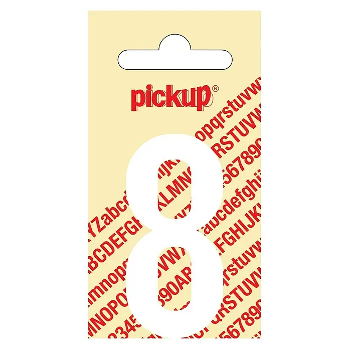 Pickup Aufkleber - Motiv: 8, Weiß, Höhe: 60 mm - Nahaufnahme einer Verpackung mit einer großen weißen Nummer 8 und dem "pickup"-Logo, die zum Aufhängen an einem Haken geeignet ist.