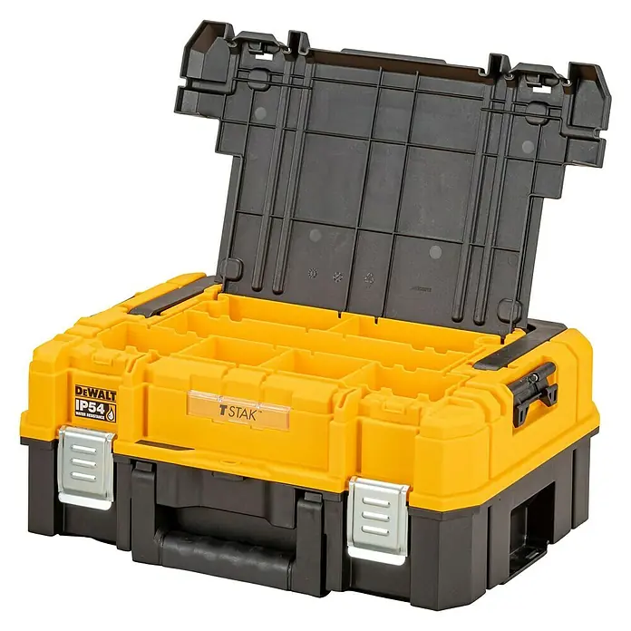DeWalt T-STAK Werkzeugkoffer - L x B x H: 44 x 33,2 x 18,3 cm, Kunststoff, Traglast: 30 kg - Der Dewalt TSTAK Werkzeugkoffer bietet robuste Aufbewahrung mit gelbem Oberteil und schwarzer Basis, ideal für Profis.