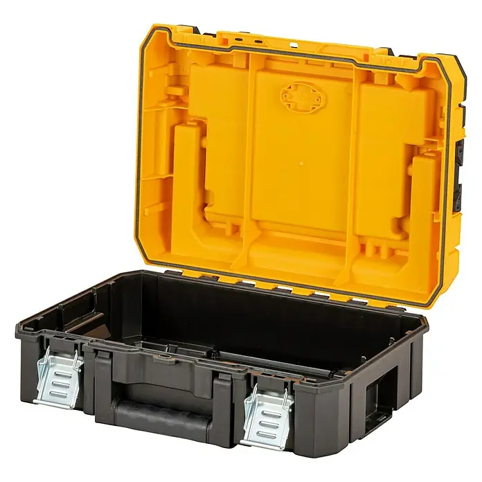DeWalt T-STAK Werkzeugkoffer - L x B x H: 44 x 33,2 x 18,3 cm, Kunststoff, Traglast: 30 kg - Offener, leerer DeWalt TSTAK Werkzeugkoffer in Schwarz und Gelb, ideal zur Aufbewahrung von Werkzeugen und Zubehör.