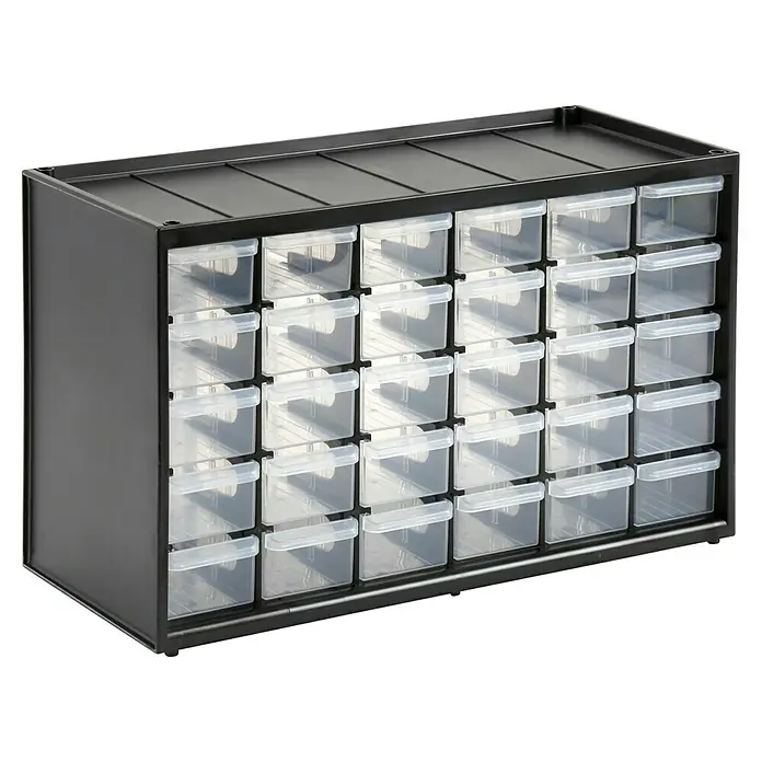 Stanley Organizador de piezas pequeñas - Número de compartimentos: 30 ud., Sin contenido - La imagen muestra un archivador con muchos cajones transparentes y un marco negro. Ideal para almacenar objetos pequeños.