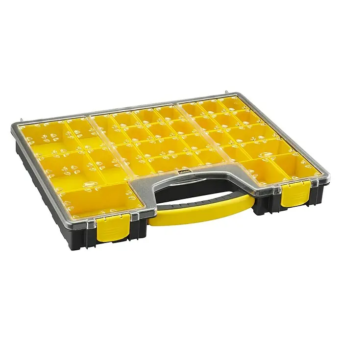 Stanley Estuche para piezas pequeñas - Número de compartimentos: 25 ud., Sin contenido - Organizador de compartimentos amarillo/negro con separadores extraíbles para guardar piezas pequeñas, para artesanos y bricoladores.