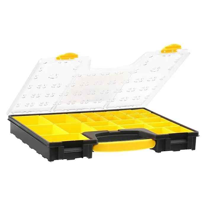 Stanley Estuche para piezas pequeñas - Número de compartimentos: 25 ud., Sin contenido - Caja de herramientas abierta con compartimentos amarillos y tapa transparente, ideal para guardar piezas pequeñas.