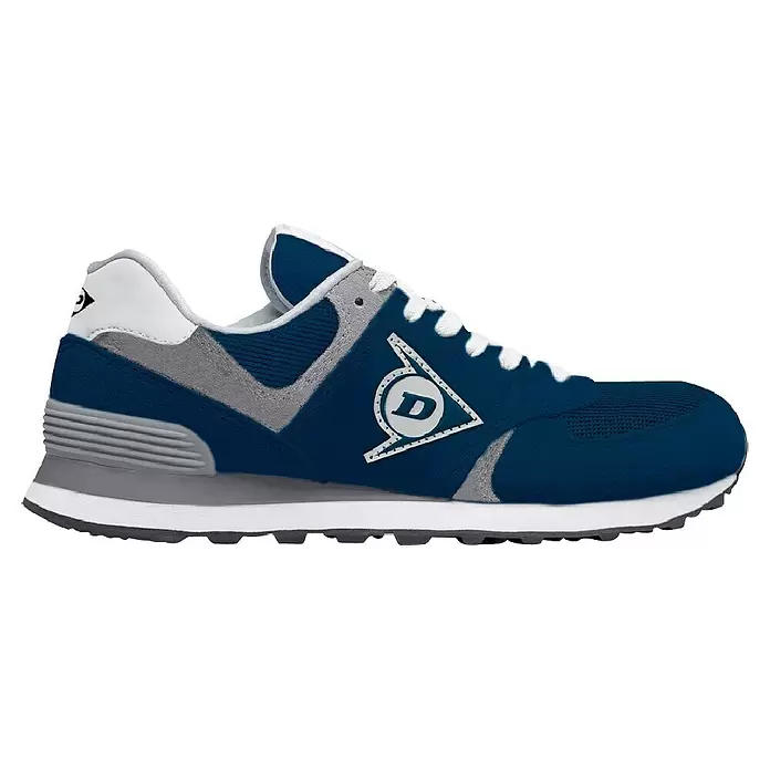 Dunlop Zapato bajo de seguridad Flying Wing - 46, Azul - Una zapatilla deportiva Dunlop azul oscuro y gris con cordones y suela blancos, con el logo 'D' de la marca en el lateral.