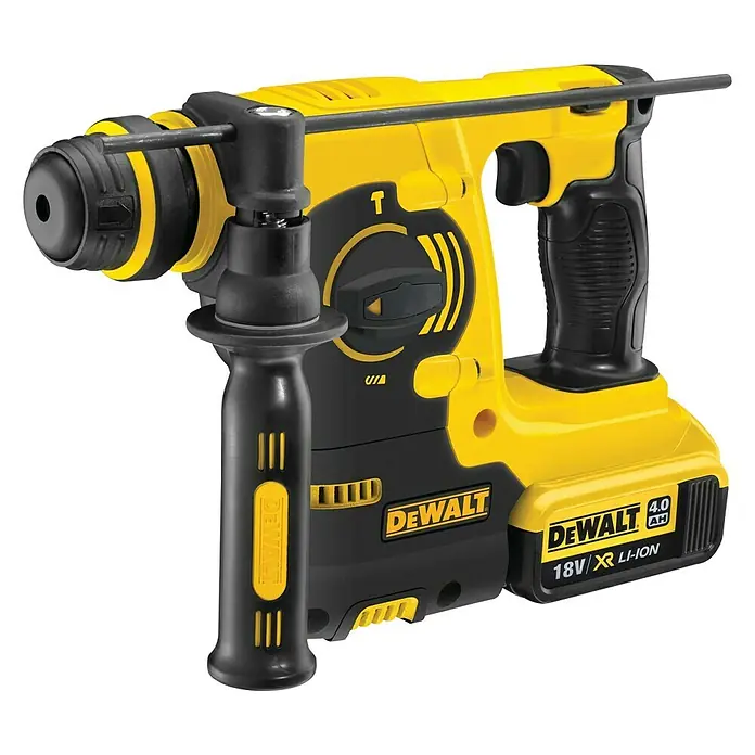 DeWalt XR 18V Martillo perforador de batería DCH253M2 - 18 V, 2 baterías, 4 Ah, 2,1 J - Primer plano de un taladro percutor inalámbrico DeWalt amarillo y negro con mango auxiliar y batería de 18V, sobre un fondo negro.