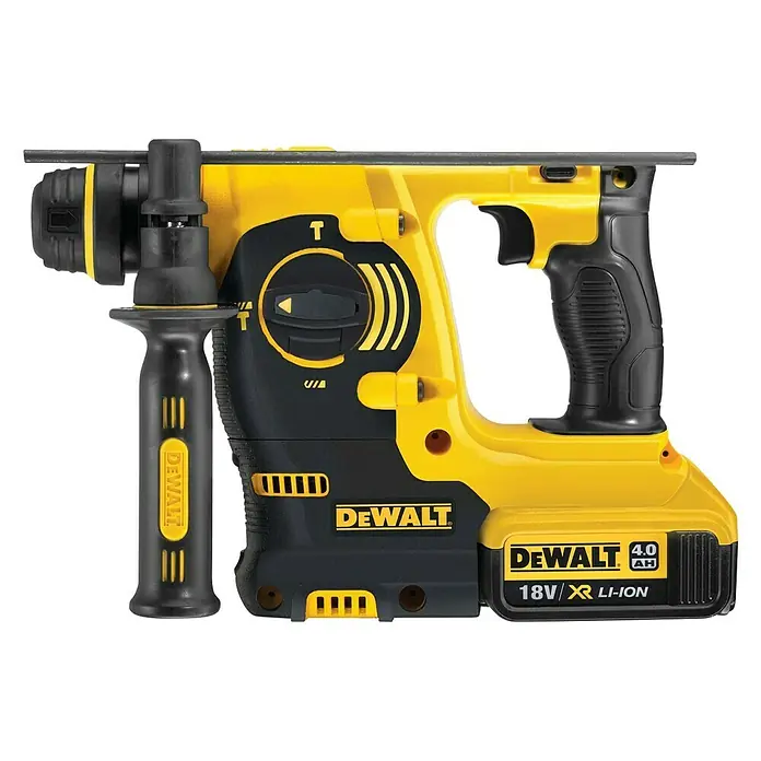 DeWalt XR 18V Martillo perforador de batería DCH253M2 - 18 V, 2 baterías, 4 Ah, 2,1 J - Imagen de un martillo perforador inalámbrico DeWalt amarillo y negro con una batería Li-Ion de 18V.