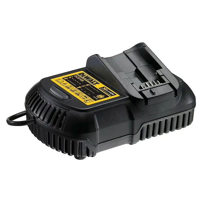 DeWalt XR 18V Taladro atornillador percutor de batería DCD795M2 - 18 V, 2 baterías, 4 Ah, 60 Nm - Primer plano de un cargador de batería negro DeWALT DCB105, diseñado para baterías XR Li-Ion de 10,8 V a 14,4 V.