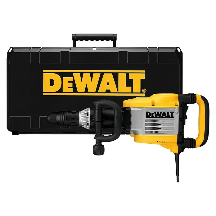 DeWalt Martillo perforador D25902K - 1.550 W, 19 J, Alojamiento SDS-MAX - En la imagen se muestra un martillo demoledor DeWALT con su maletín. La herramienta, amarilla y negra, está diseñada para trabajos de demolición pesados.