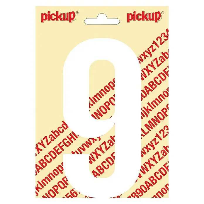 Pickup Aufkleber - Motiv: 9, Weiß, Höhe: 150 mm - Einzelne weiße "Pickup" Nummer 9 auf beigem Grund mit roten Buchstaben und Zahlen. Ideal zur Kennzeichnung von Objekten.