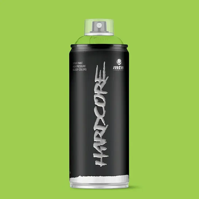 mtn Pintura decorativa en spray Hardcore - Verde pistacho, Brillante, 400 ml - Bote de spray MTN Hardcore negro con tapa verde claro. Ideal para proyectos de arte y aplicaciones creativas con colores brillantes.