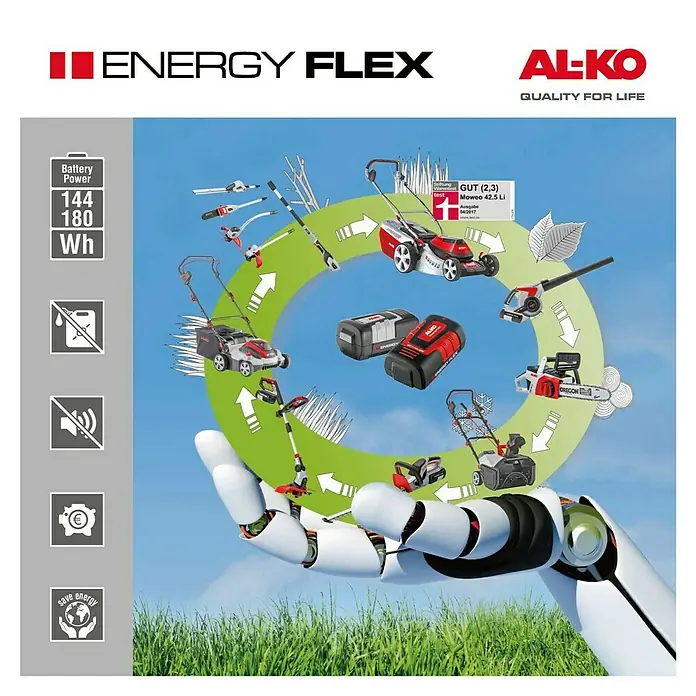 AL-KO 36V Akku-Kettensäge CS 4030 - 36 V, Li-Ionen, Ohne Akku, Schwertlänge: 30 cm - AL-KO Energy Flex Akku-Serie: Eine vielseitige Auswahl an Gartengeräten, die alle mit dem gleichen Akku betrieben werden können.