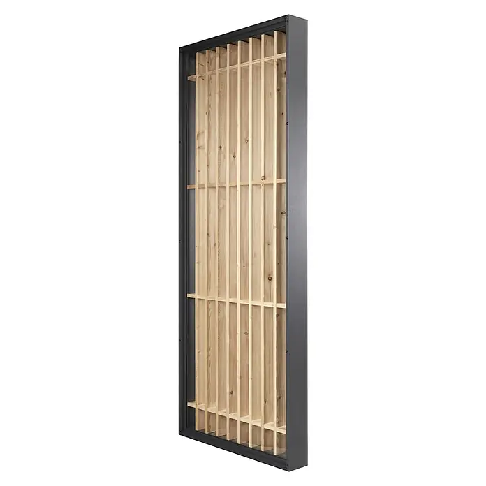 Gutta Seitenblende BS Timber-Line - 90 x 220 cm, Passend für: Gutta Rechteckvordächer BS Timber-Line - Schmaler Wandschrank mit offenem Holzregal in einem dunklen, quadratischen Metallrahmen. Das helle Holz bildet einen schönen Kontrast zum Rahmen.