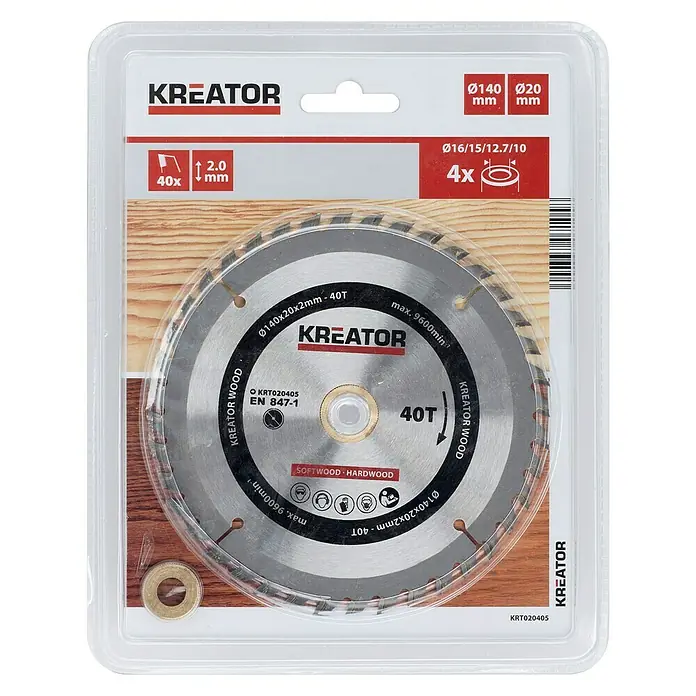 Kreator Disco de sierra KRT020405 - 140 mm, Orificio: 20 mm, 40 ud. - Hoja de sierra Kreator empaquetada, adecuada para madera, con 40 dientes y un diámetro de 140 mm.