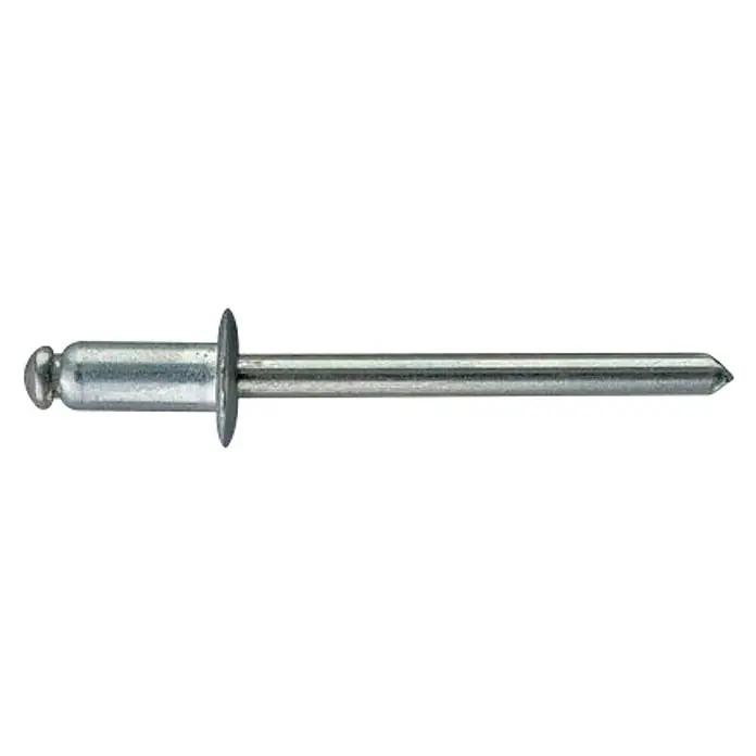 Remache bola - Diámetro de remache: 4,8 mm, Longitud de remache: 14 mm, 250 ud. - Primer plano de un remache ciego de cabeza abombada plateada con mandril, sobre un fondo negro.