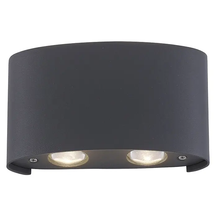 Paul Neuhaus LED-Wandstrahler Carlo - 4,5 W, L x B x H: 13 x 3,7 x 8 cm, Anthrazit, Warmweiß, 4 Stk. - Nahaufnahme einer grauen Wandleuchte mit zwei warmweißen Lampen. Das Lichtdesign ist modern und minimalistisch.