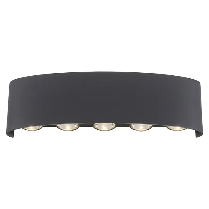 Paul Neuhaus LED-Wandstrahler Carlo - 10 W, L x B x H: 27 x 4,7 x 8 cm, Anthrazit, Warmweiß, 10 Stk. - Nahaufnahme einer modernen, grauen Wandleuchte mit fünf eingebauten Lichtern, die ein warmes, einladendes Ambiente ausstrahlen.