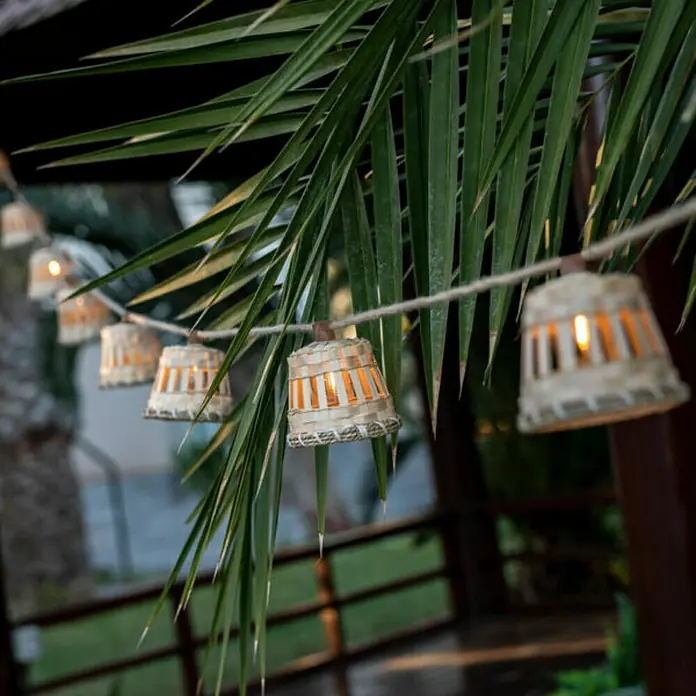 New Garden Guirnalda luminosa LED Aurora - Para exterior, 8 m, Color de luz: Blanco neutro - Escena ambiental con una hilera de luces decorativas con forma de campana colgadas entre hojas de palmera.