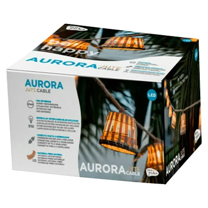 New Garden Guirnalda luminosa LED Aurora - Para exterior, 8 m, Color de luz: Blanco neutro - Un paquete de luces de cable de yute Aurora con la inscripción "Be Happy", perfecto para decorar jardines y espacios exteriores.