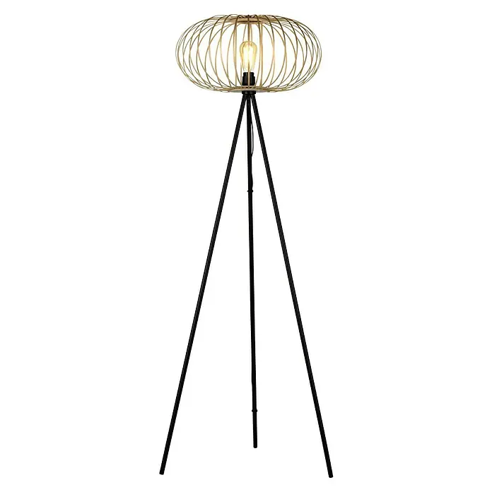 Just Light Racoon Stehleuchte - 40 W, Höhe: 150 cm, Schwarz, natur, E27 - Elegante Stehlampe mit einem Lampenschirm aus Holzstreifen und einem schwarzen Stativ, die ein warmes Licht verbreitet.\n