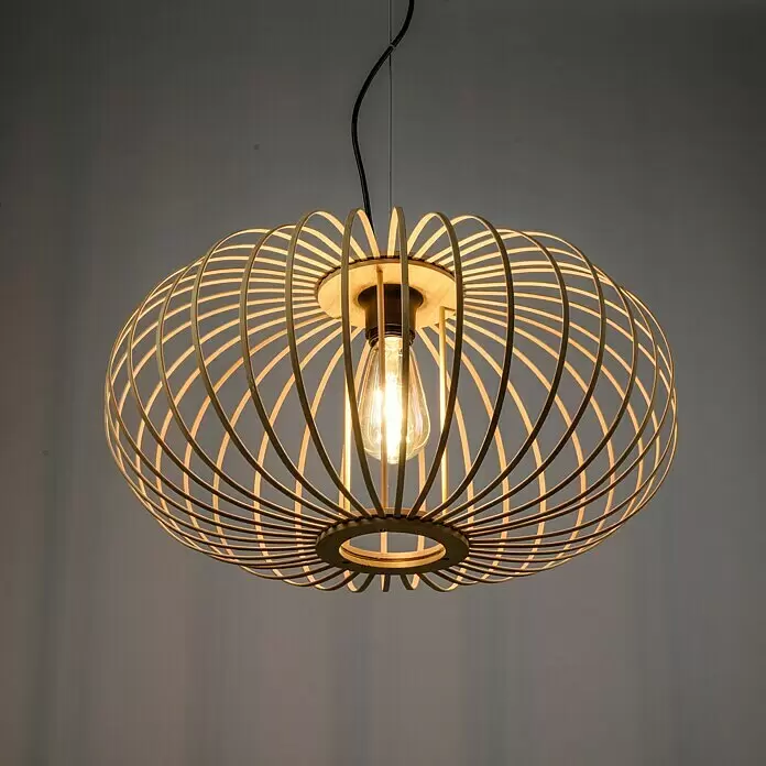 Just Light Racoon Pendelleuchte - L x B x H: 50 x 50 x 120 cm, Schwarz, natur, E27, Nicht Dimmbar - Beleuchtete ovale Hängelampe aus Holzlamellen mit sichtbarer Edison-Glühbirne.