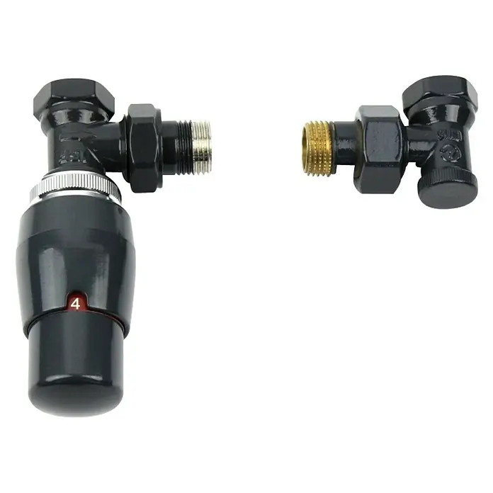 Ximax Thermostatventil-Set Elegant - Durchgangsventil, 16 mm, Anthrazit - Abgebildet sind zwei Heizkörperventile in Anthrazit mit Thermostatkopf und Regulierventil für eine optimale Wärmeregulierung im Raum.