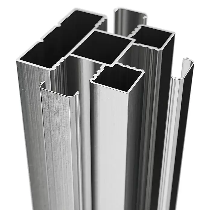 T & J Zaunpfosten-Set Ecosteck - 6,8 x 6,8 x 240 cm, Silber, Aluminium - Sortiment gebürsteter silberner Aluminiumprofile mit verschiedenen Querschnitten.