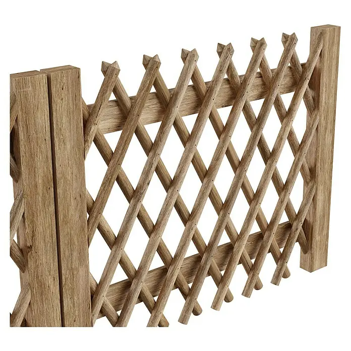 T & J Jägerzaun-Gartentor Doppel - 300 x 120 cm, Ohne Beschläge, Holz, Braun - Nahaufnahme eines dekorativen Holzzauns mit Rautenmuster und rustikalem Finish. Ideal als Gartenelement.