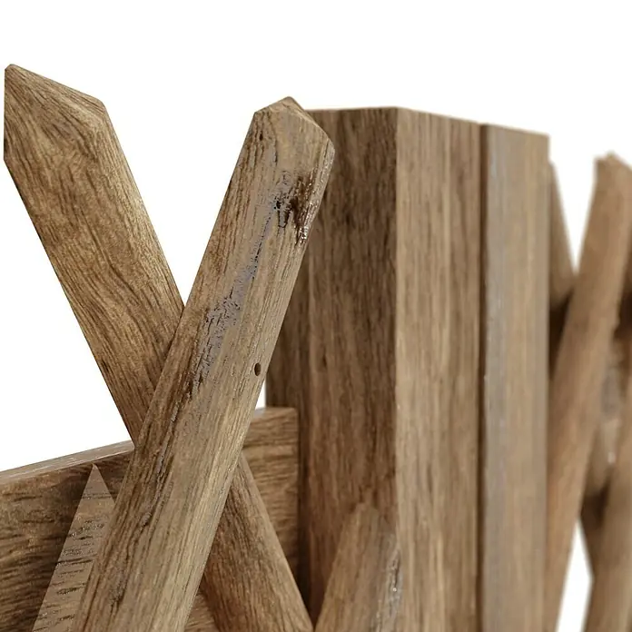 T & J Jägerzaun-Gartentor Doppel - 300 x 80 cm, Ohne Beschläge, Holz, Braun - Nahaufnahme eines rustikalen Holzregals mit markanter Maserung und robusten, kreuzförmigen Details, ideal für ein gemütliches Ambiente.